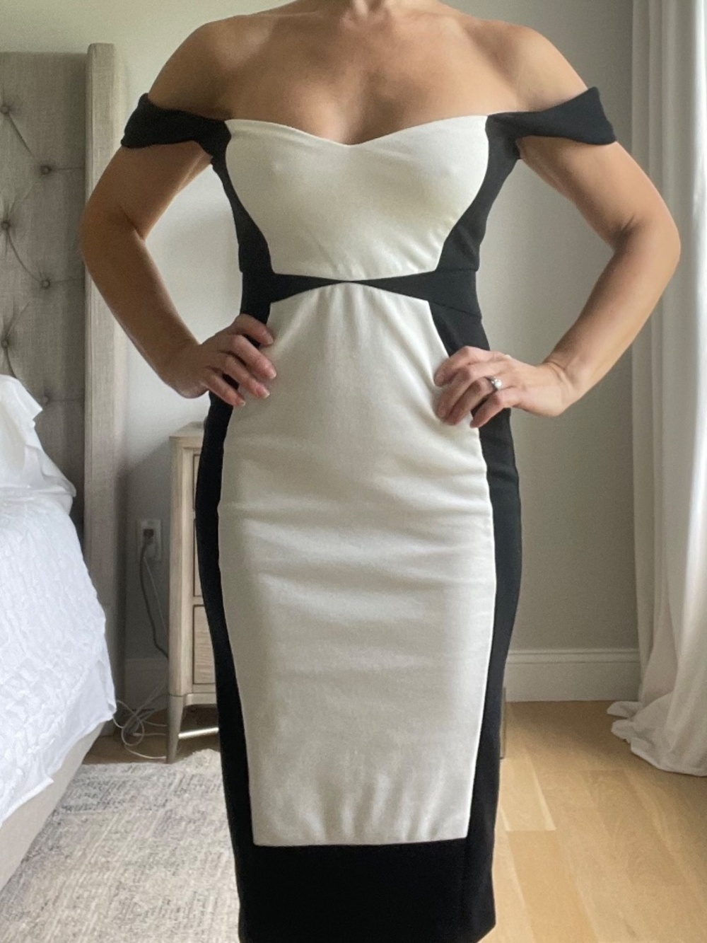 ASOS Black White Off Shoulder Colorblock Bodycon Midi Dress US 4